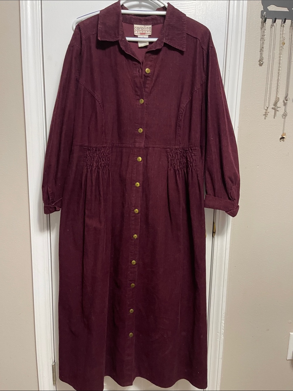 Carolina Corduroy Button-Front Maxi Dress in Burgundy